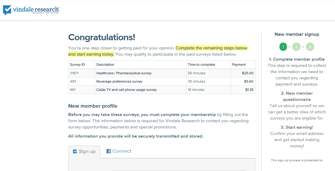 Vindale Research sign up