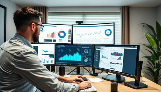 Data analyst working with charts and graphs on multiple screens Data analyst working with charts and graphs on multiple screens