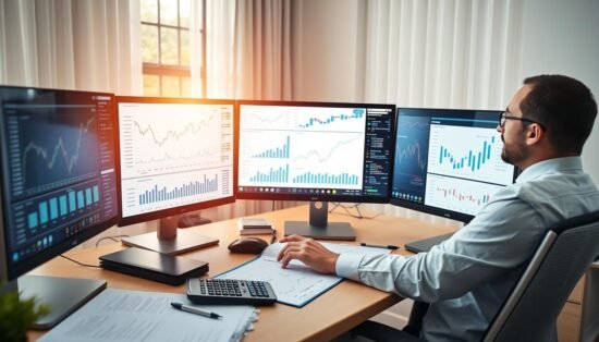 Financial consultant analyzing investment charts at home office Financial consultant analyzing investment charts at home office
