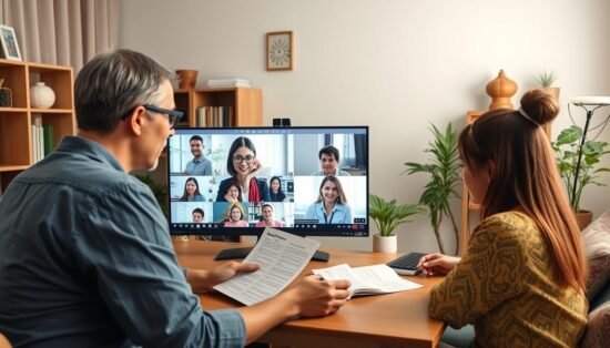 Language teacher conducting an online lesson with international students Language teacher conducting an online lesson with international students