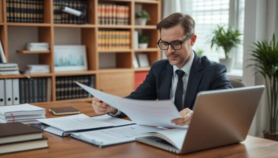 Legal consultant reviewing documents at home office Legal consultant reviewing documents at home office