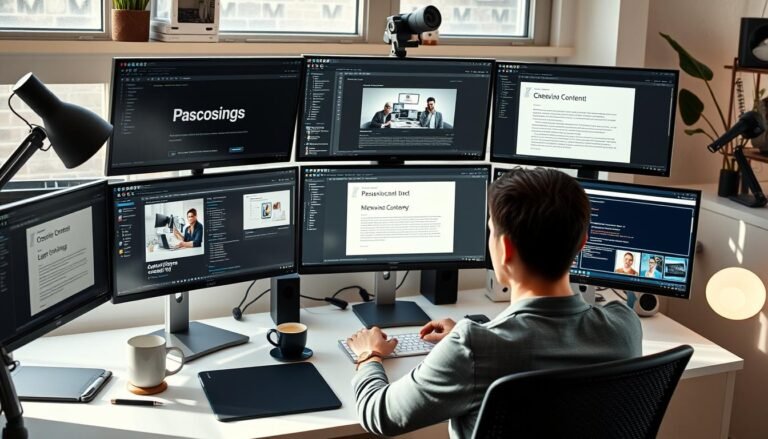 Person working on creative content at home office setup with multiple monitors