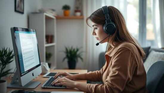 Transcriptionist with headphones typing audio content Transcriptionist with headphones typing audio content