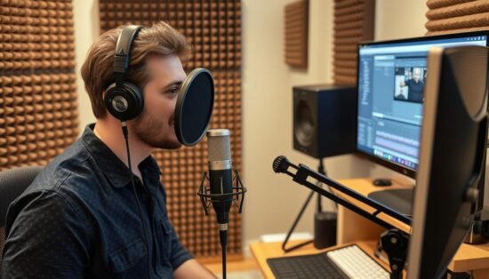 Voice-over artist recording in home studio setup Voice-over artist recording in home studio setup
